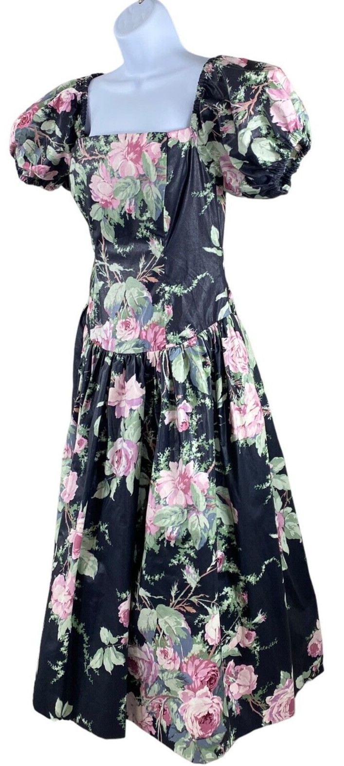 VTG 1980s s.g.gilbert Black Floral Chintz Dress Tulle Underskirt Tea Length Prom