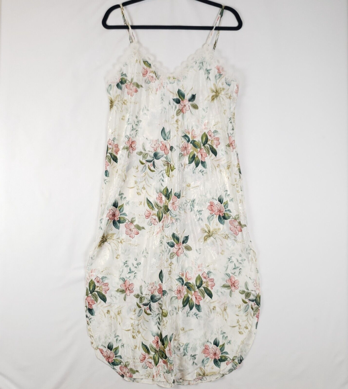 Vintage Belle Soiree Satin Slip Womens Large Long Nightgown Floral Ivory 90s NWT