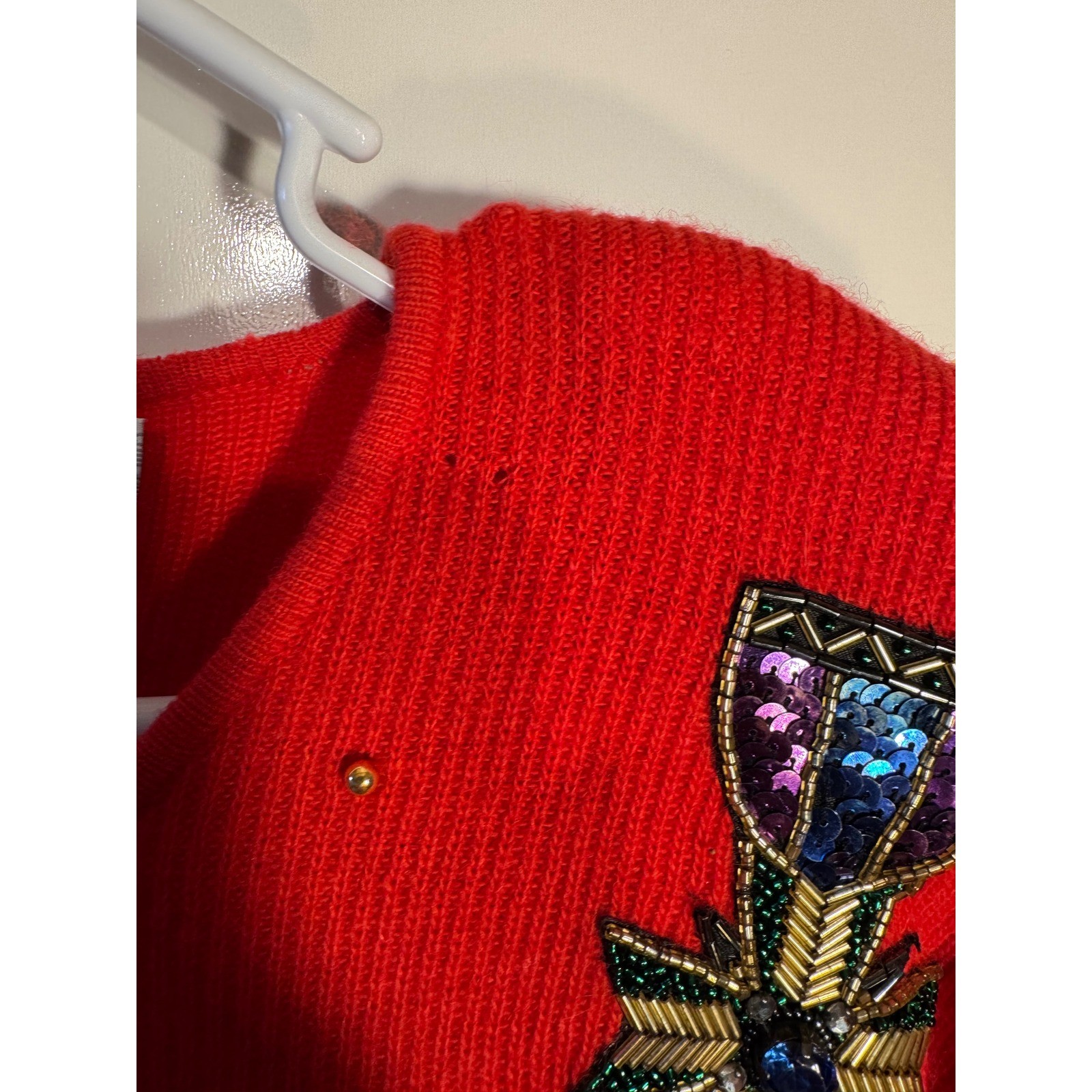 Marisa Christina Classics Vintage Red Beaded Sequin Crest Angora Wool Sweater