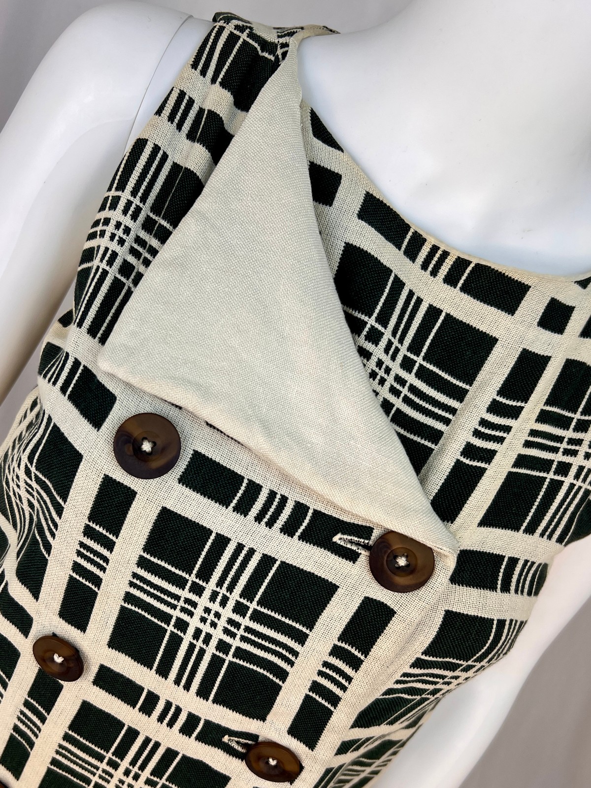 Vintage 60s Mod Style Forest Green and Cream Windowpane Plaid Shift Dress, S/M