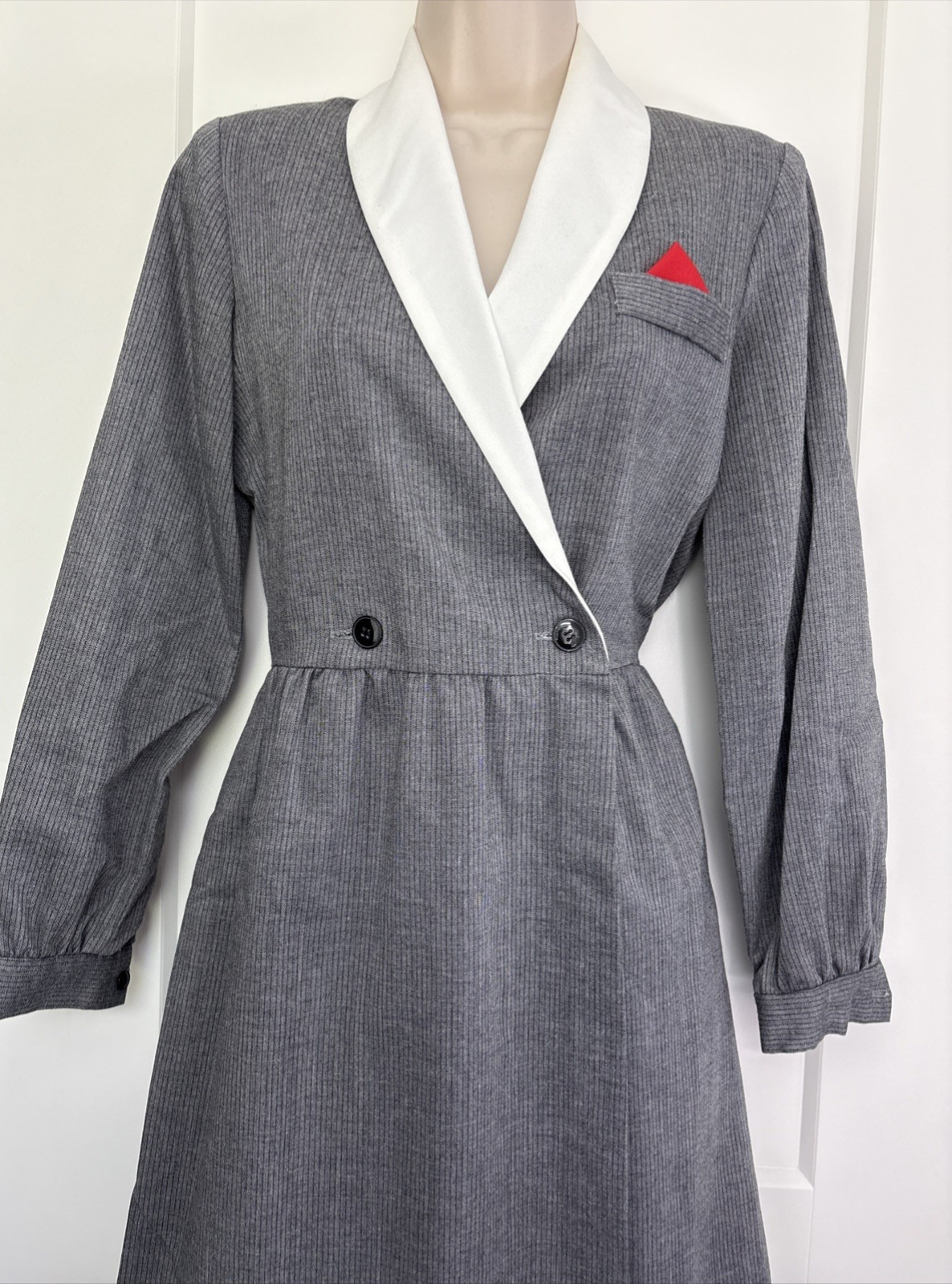 Vintage Grey Pinstripe Dress I Magnin Sz Classic White Collar Red Pocket Scarf