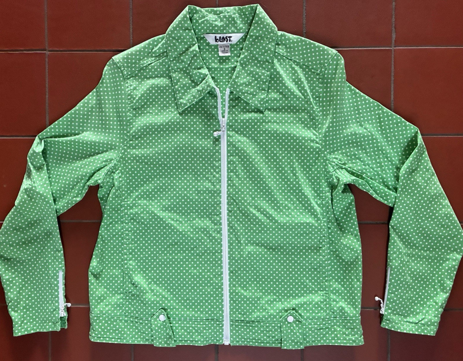 Vintage 80s 90s Blast Zip Up Bomber Jacket Green Polka Dot Petite Small