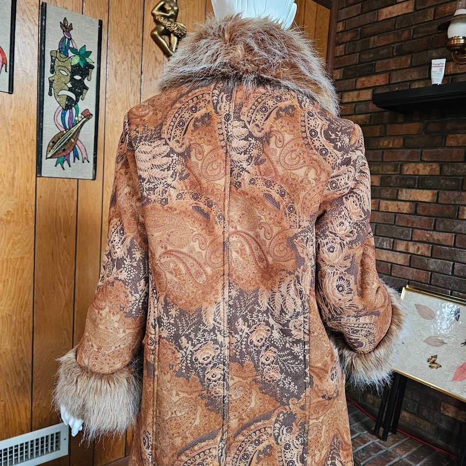 Vtg 90s do 70s Penny Lane Hippie Faux Fur Jacket Shaggy Afghan Tapestry Coat M