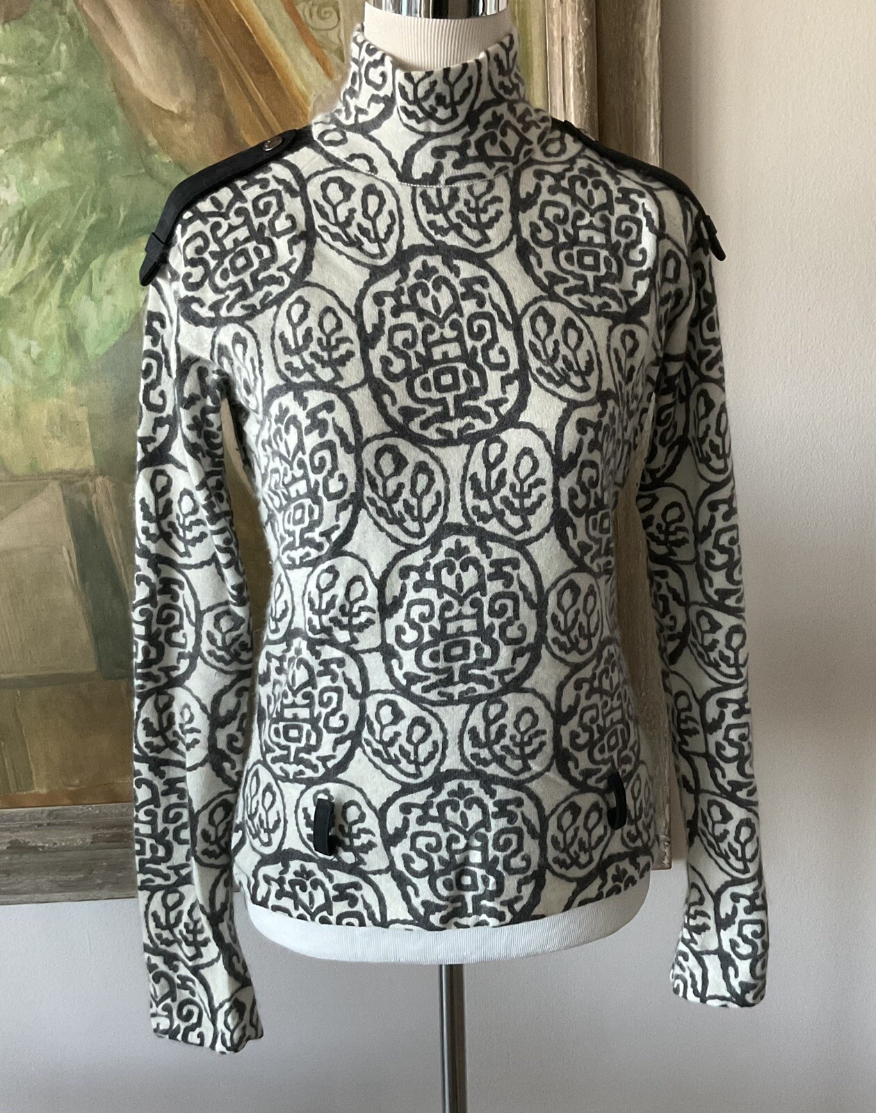 1980s JOHN GALLIANO Grey+White Turtleneck Sweater Black Epaulets+Belt Med