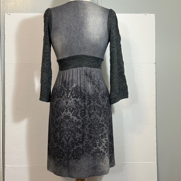 Dark Romantic Gothic Midi Dress Black Gray Knit Floral Damask Boho Vintage Style