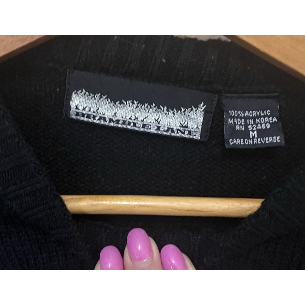 Bramble Lane Vintage Black Embroidered Leaf Knit Sweater Womens Medium Blue Grey
