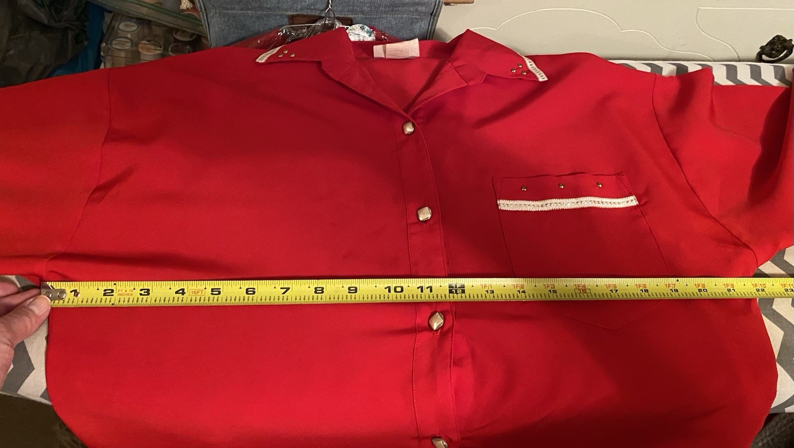 Seville VTG 80s Wom 10 Red Satin Blouse Beaded w/Trims 3/4 Cuff Sleeves GORGEOUS