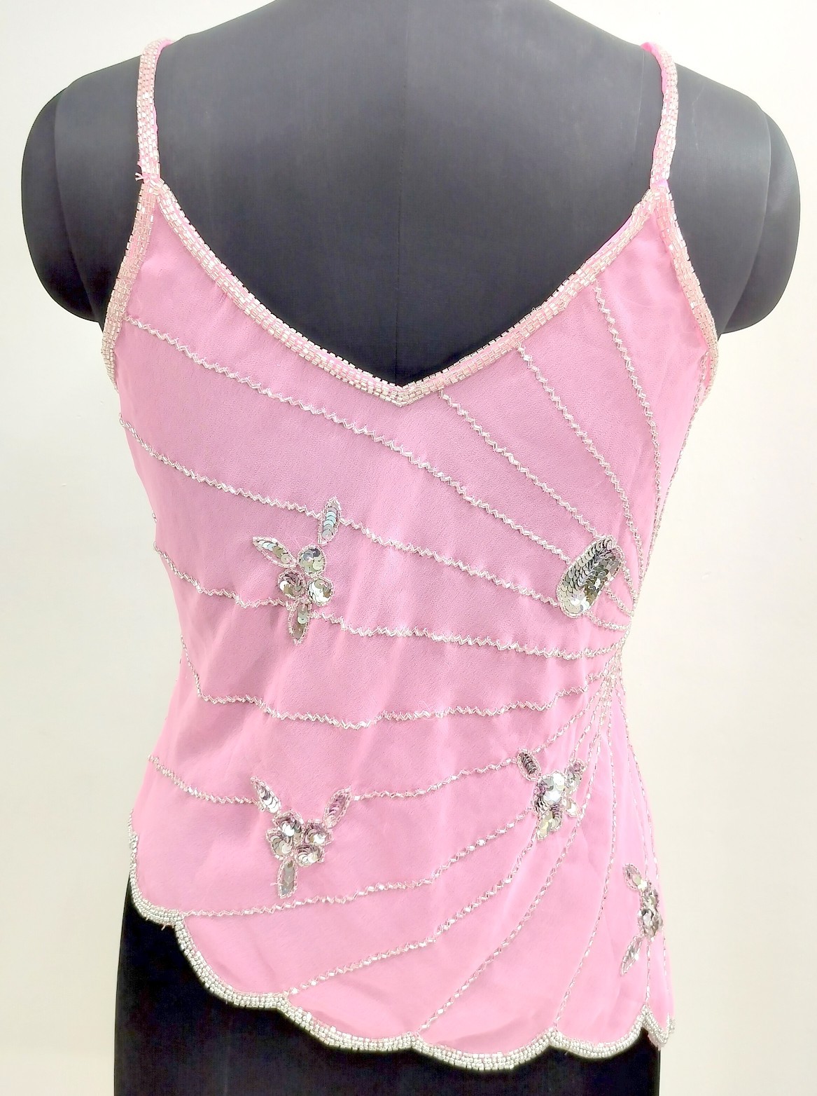 Vintage Y2K Embroidery Costume Sequin Top Blouse Sheer Baby Pink Silver Tunic