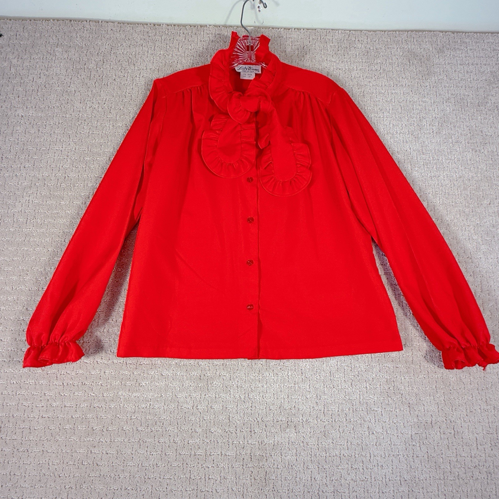Vintage Lucky Winner Red Career Blouse Size 12P Petites Secretary Geek Tie Sash