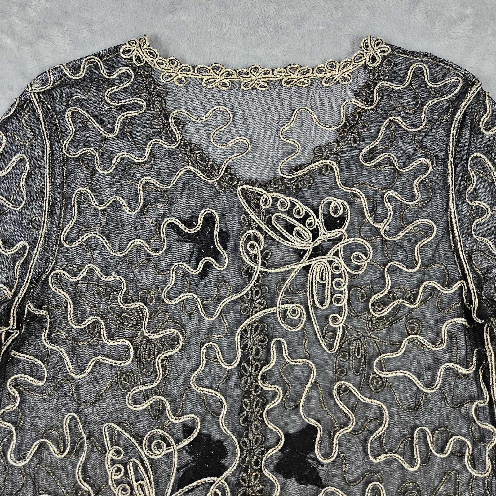 VTG Womens Butterfly 3D Embroidered Sheer Mesh Cardigan Shirt Black Gold No Tag
