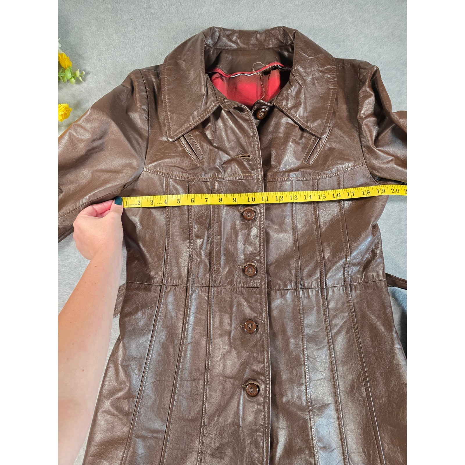 Vintage 70s Brown Leather Trench Coat Long Belted Womens 14 Junior Gallery Retro