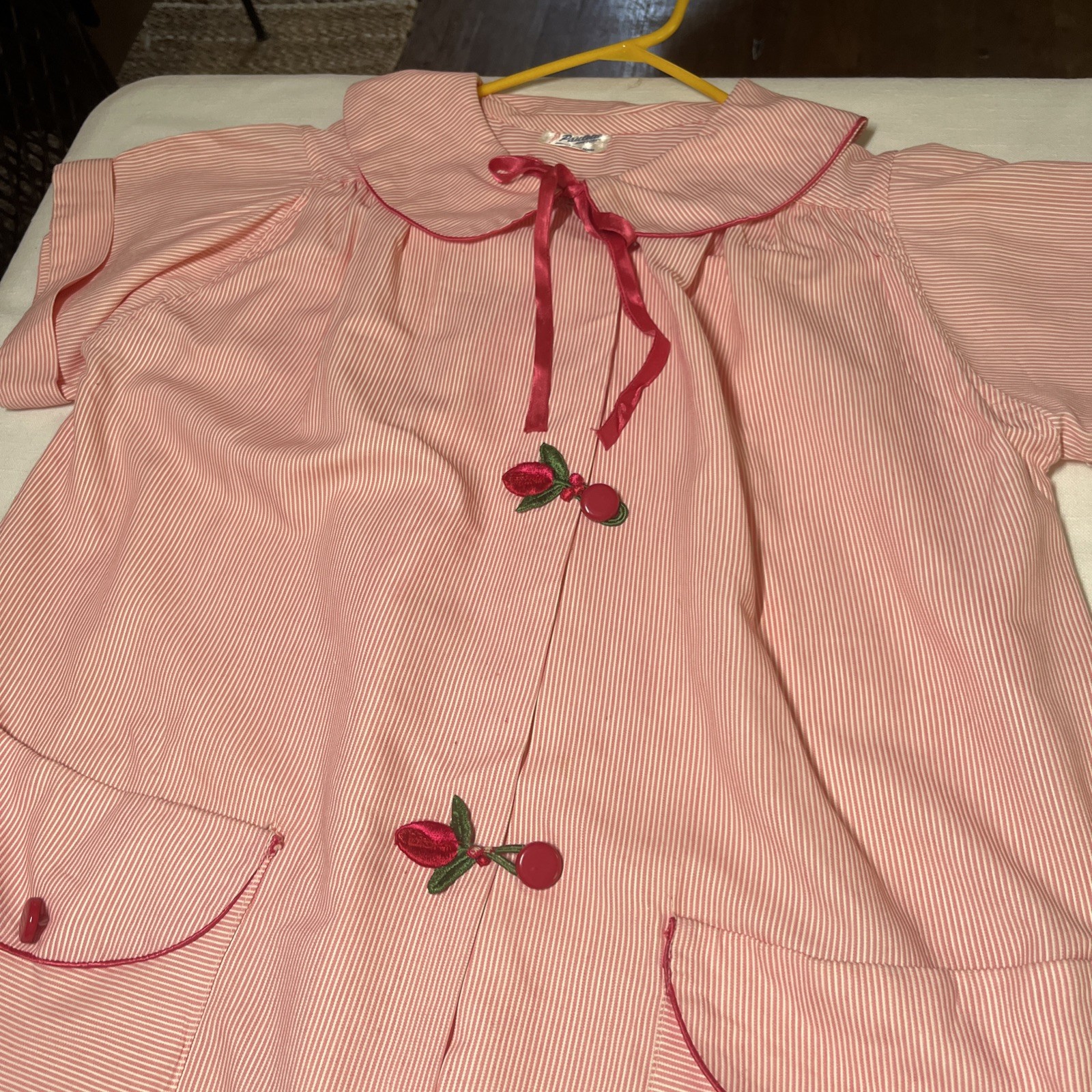 Vintage Paulette New York Pink Striped Nightgown Button Up House Dress Embroider