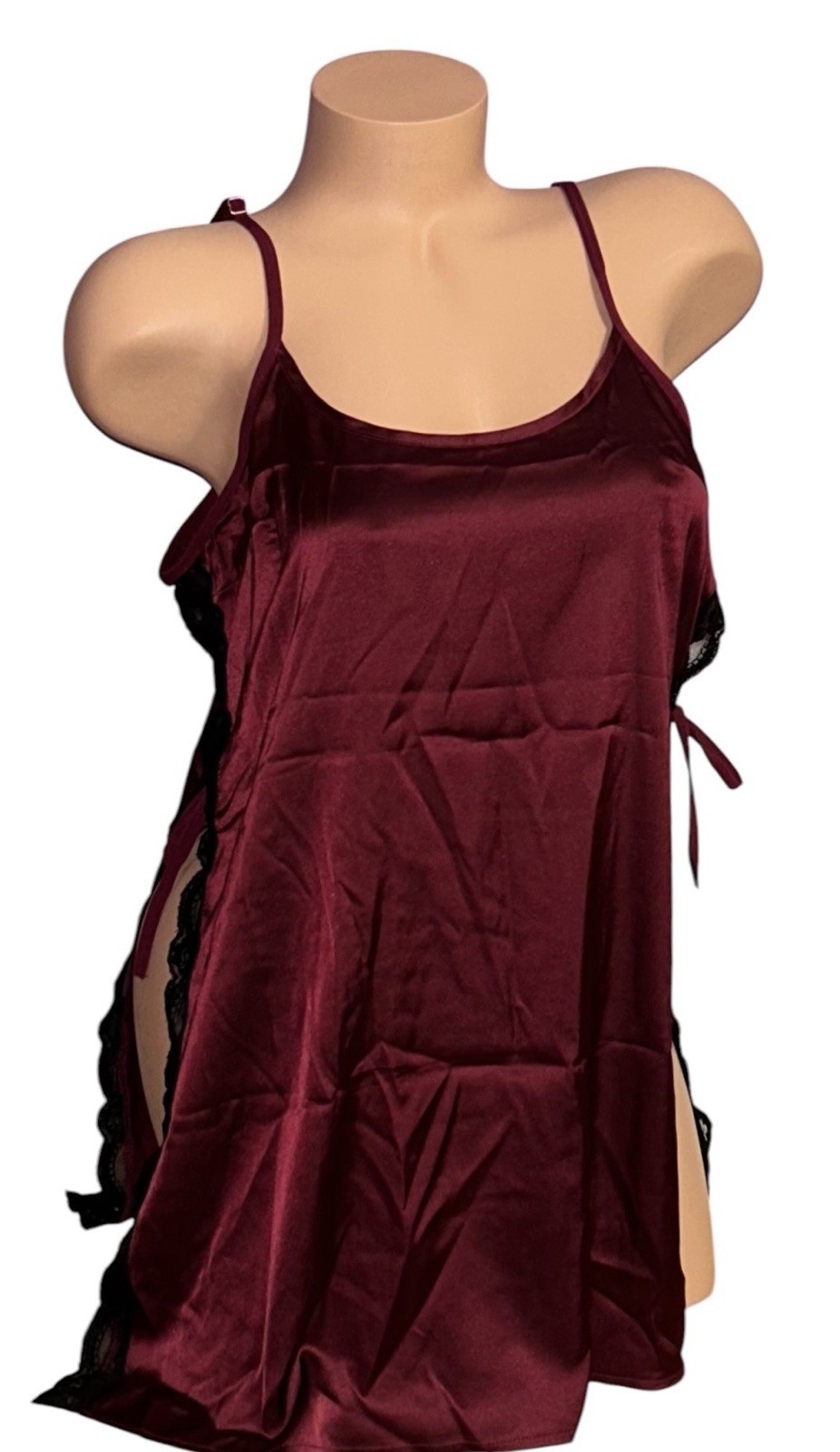 2PC Avidlove Maroon Shiny Satin Black Lace Trim Nightie & Panties NWT XL
