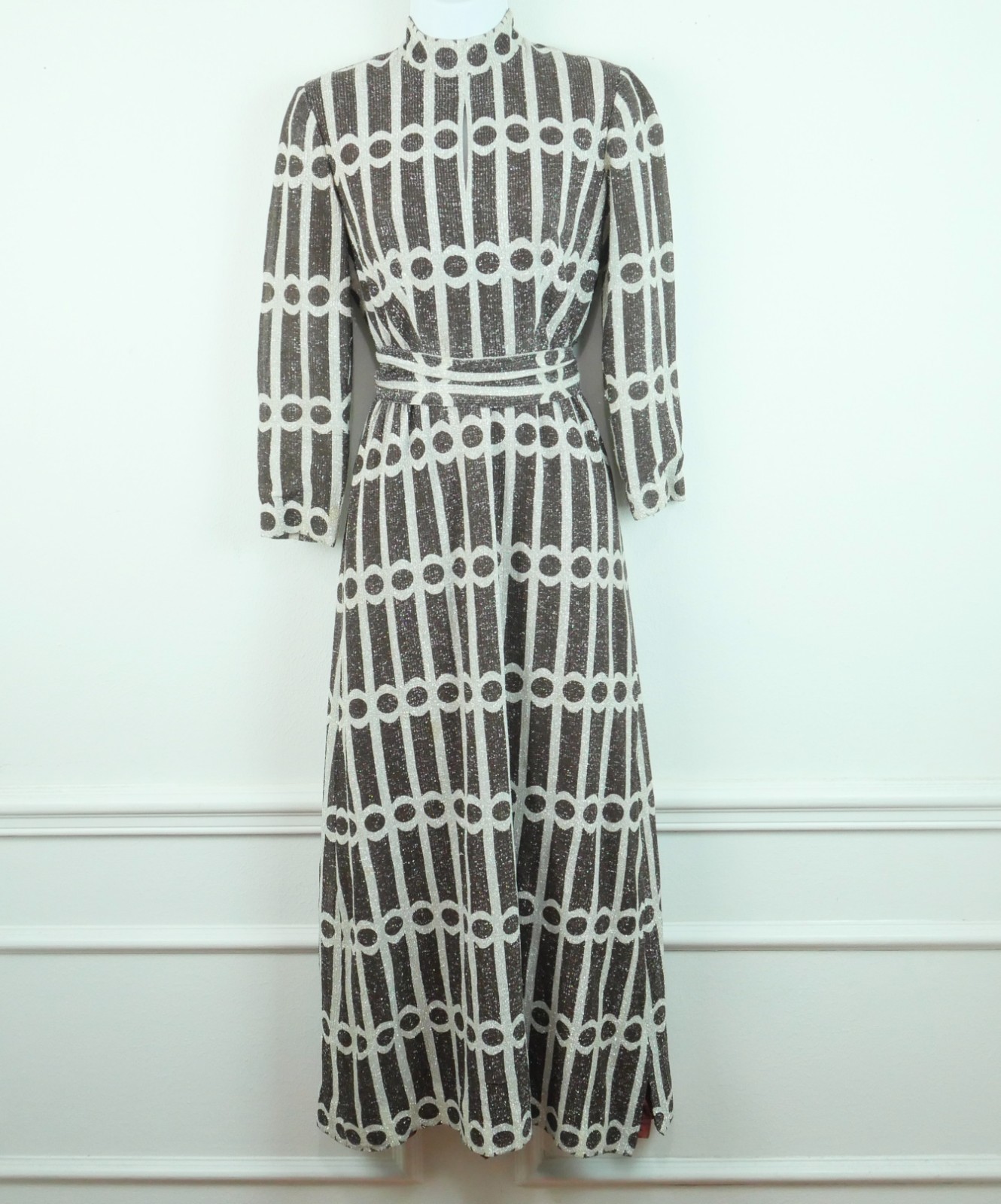 Vintage 60s Hostess Dress Metallic Sparkle Maxi Retro Glam XS S 70s Geometric