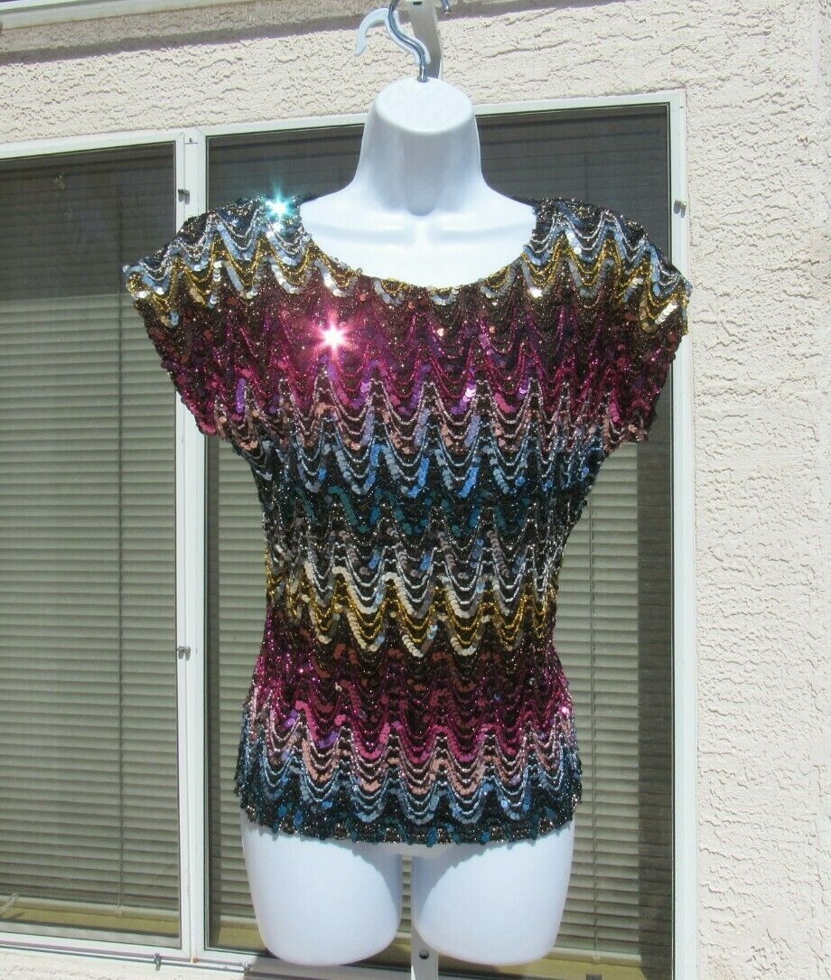 VTG 70s 80s JOSEPH II SEQUIN METALLIC THREAD GLITTER TOP MULTI COLOR DRAPED LOOK