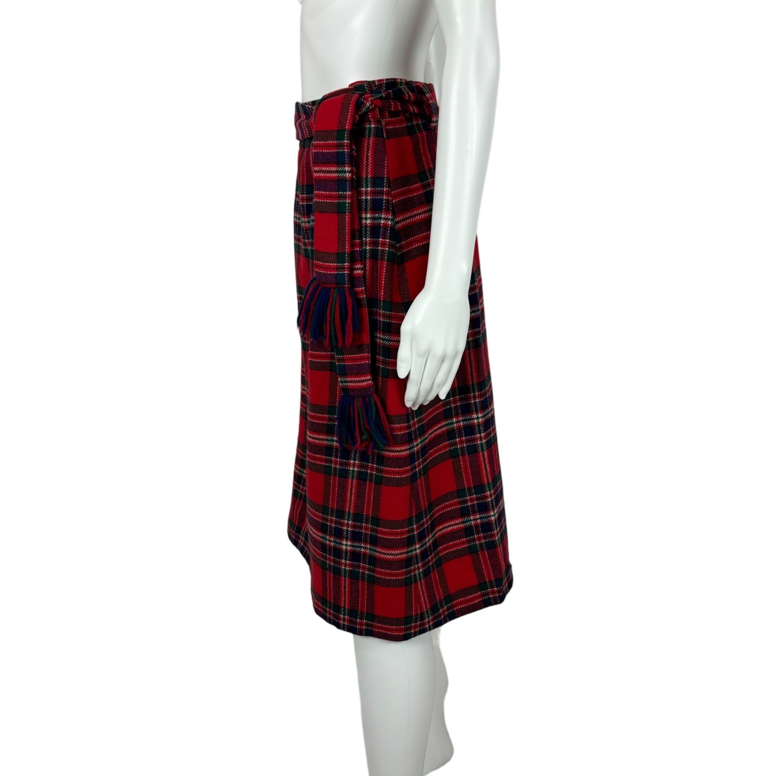 Vintage 70s Tartan Skirt Women’s XS Red Wool Plaid Fringe Belt Knee Length