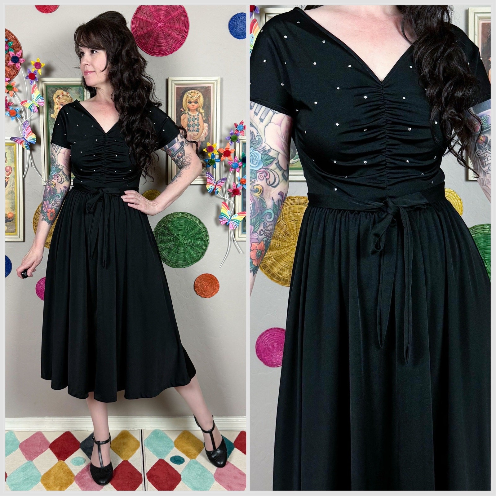 Vintage 1970s Black Short Sleeve Rhinestone Cocktail Dress | 24″-26″ Waist