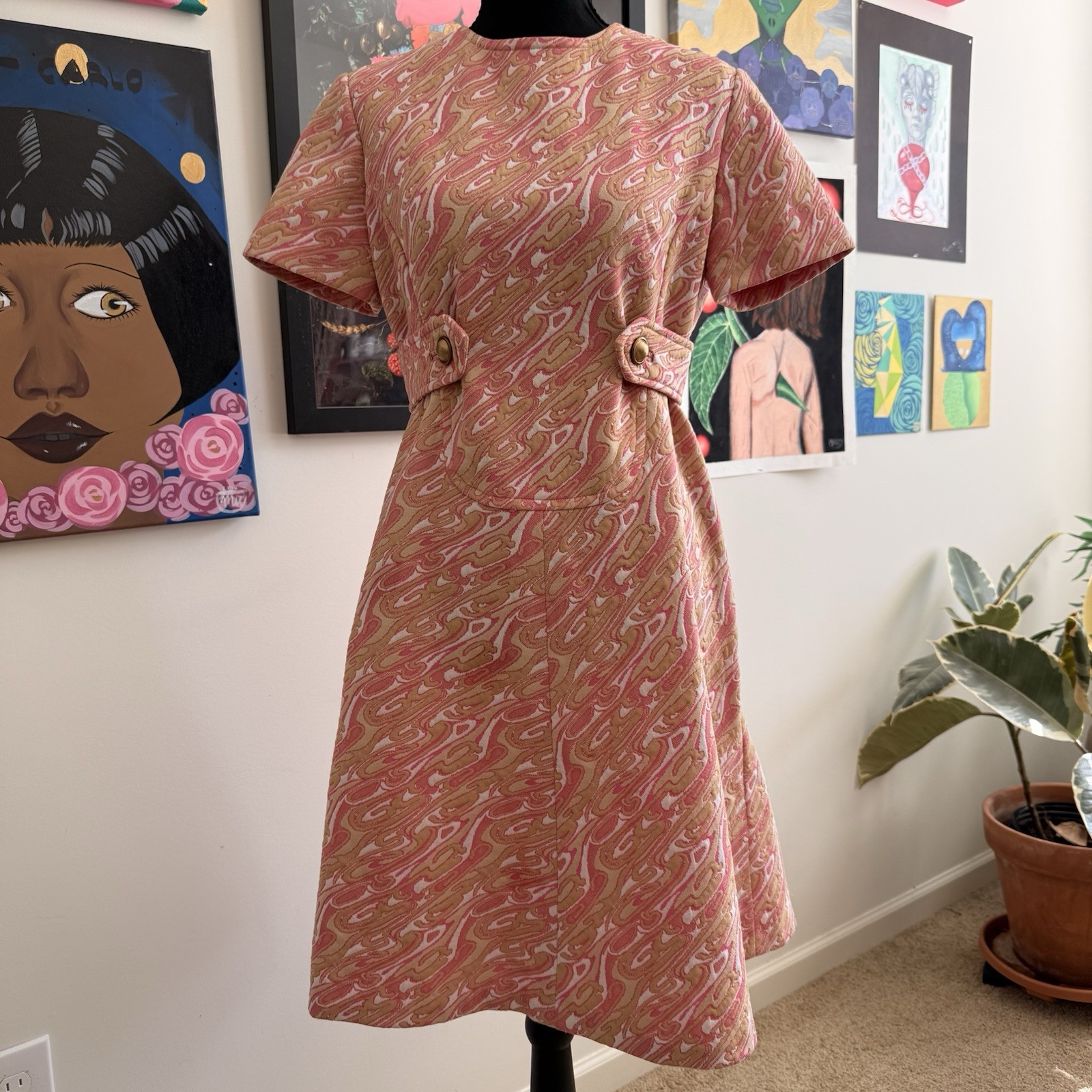 Pink Paisley A-Line Shift Dress S/M 60s Handmade Boutique Vintage Mod Go-Go