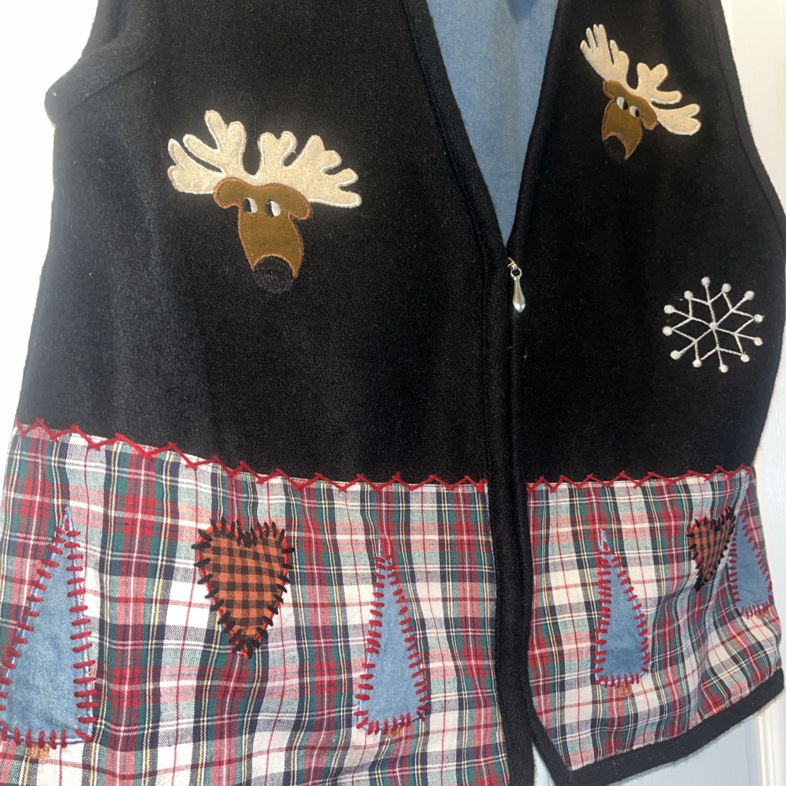 Vtg Ashley Hill Christmas Vest Ugly Sweater Wool Zipper Front Black Plaid Moose