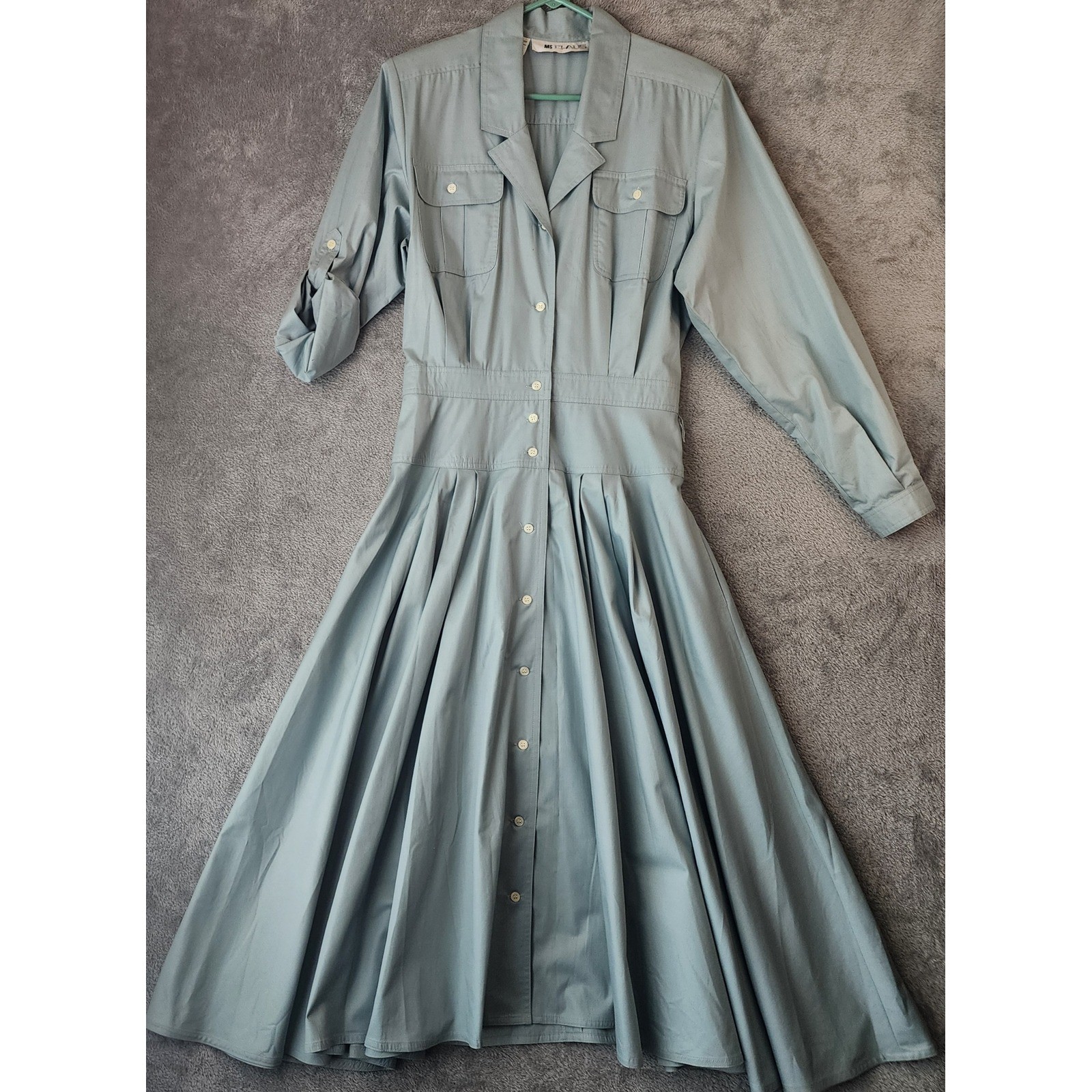 Ms Chaus Dress Womens 12 Light Blue Button Front Pleated Vintage Maxi Pockets
