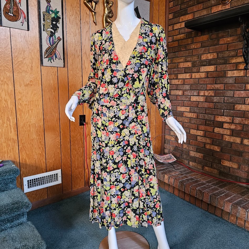 Vtg 20s 30s Art Deco Floral Bishop Slv Long Collar Garden Tea Party Dress M/L