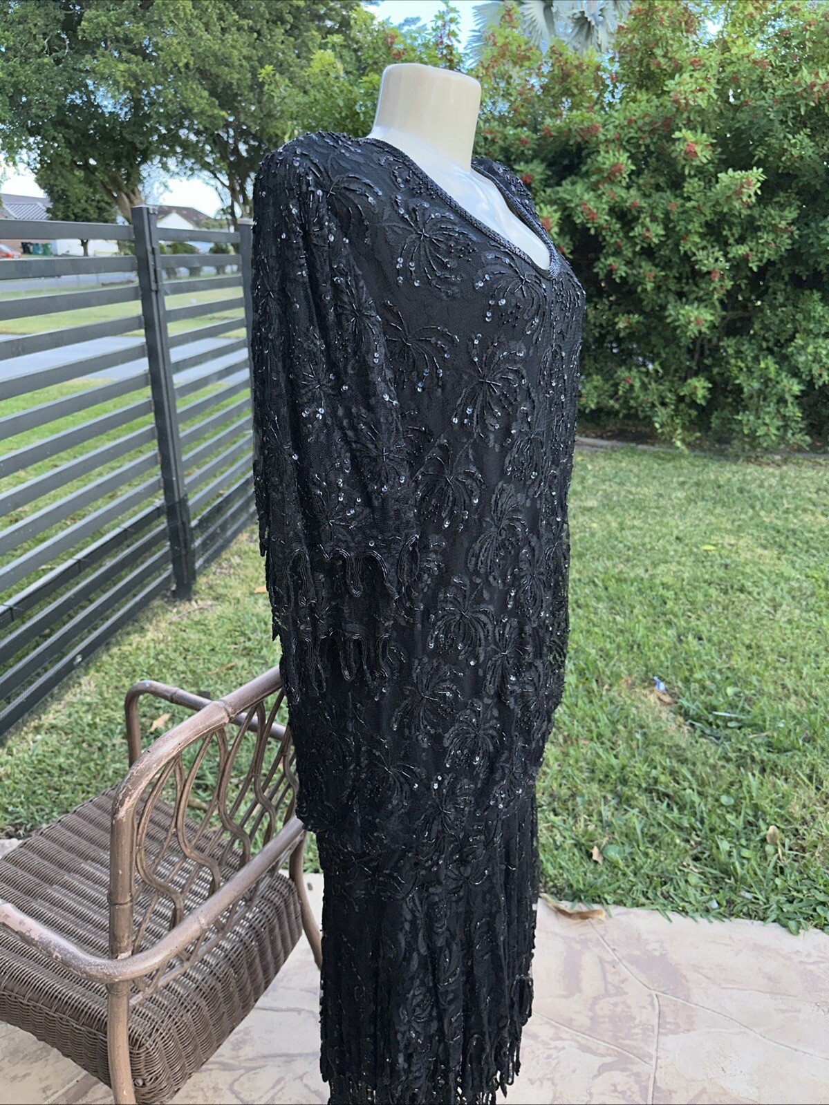VTG JUDITH ANN CREATIONS BLACK SILK HEAVELY BEADED ASYMMETRIC HEM DRESS Sz XL