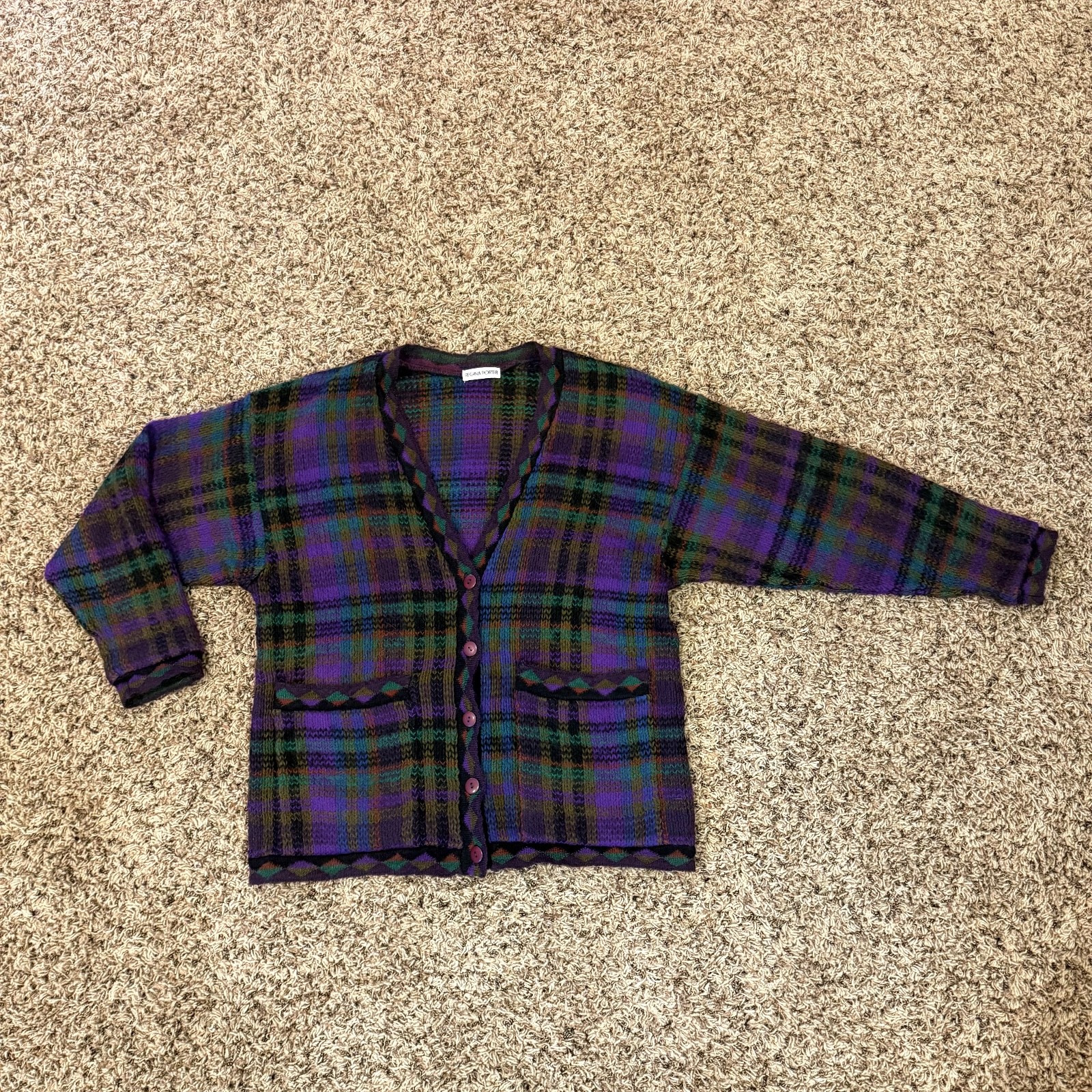 Vintage 80’s PLAID MOHAIR CARDIGAN M Knit Sweater Boxy Oversized Retro Pockets
