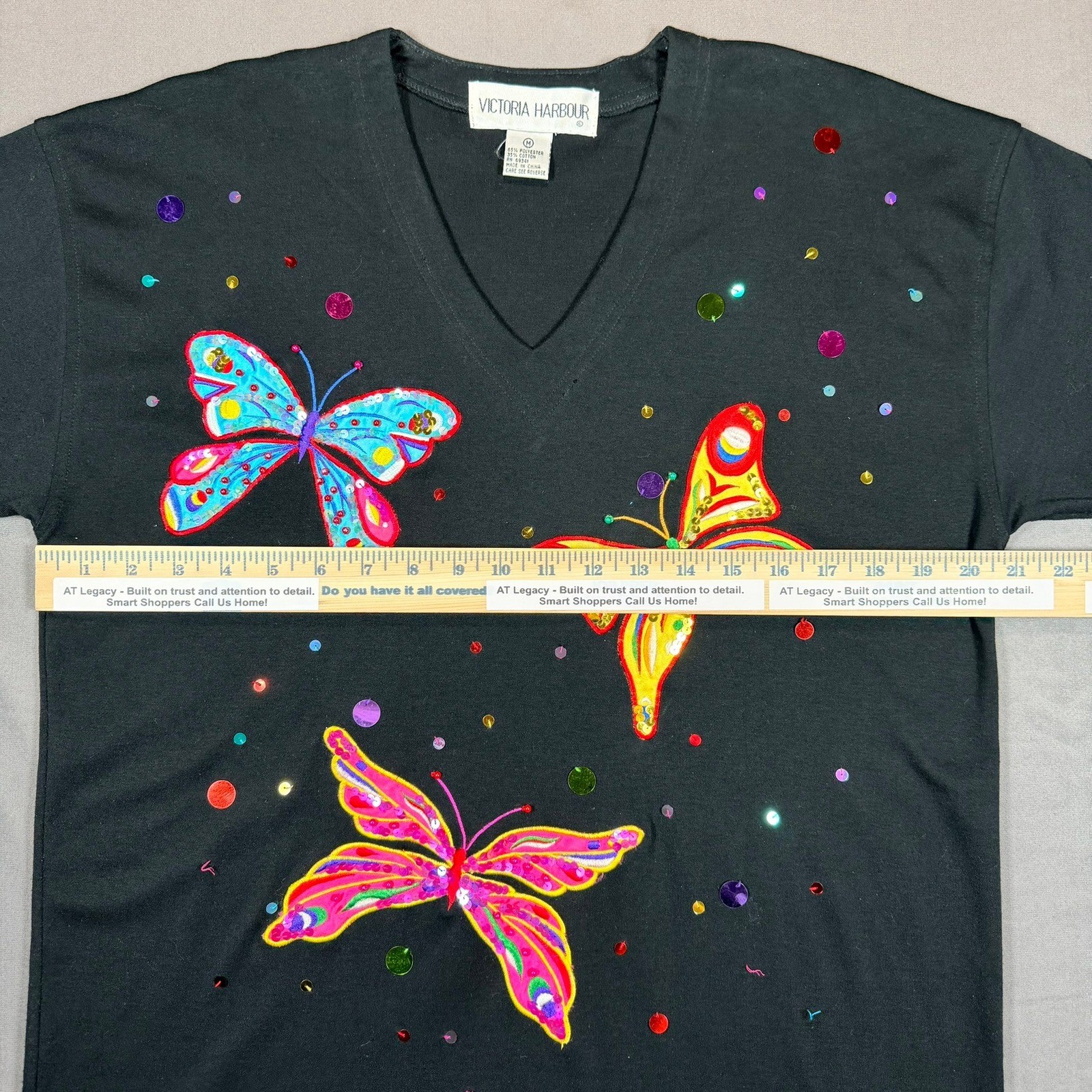 Victoria Harbour Vintage Butterfly Sequin Beaded V-Neck T-Shirt Black Womens M