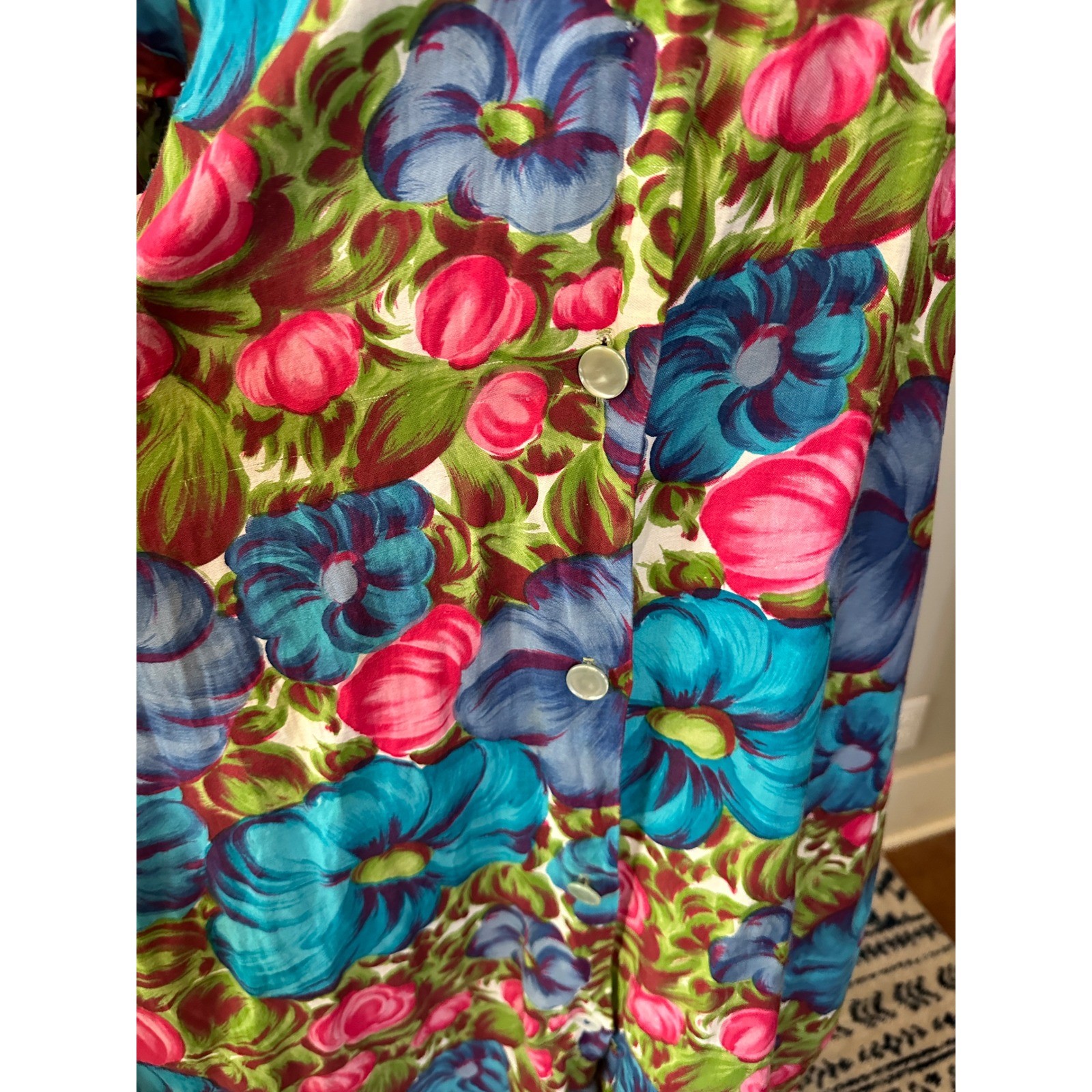 Rhapsody Glazier Vintage Retro 70s Housecoat Dress M/L Floral Pearl Button Robe