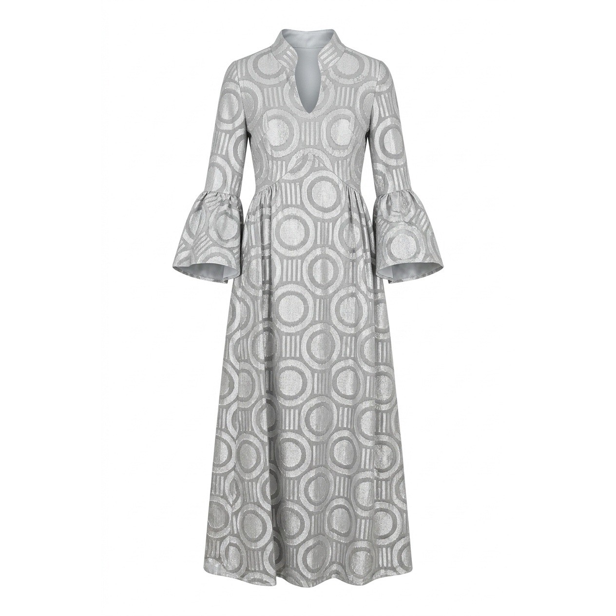 Vintage Silver Metallic Geometric Circle Bell Sleeve Keyhole Dress Mod Retro