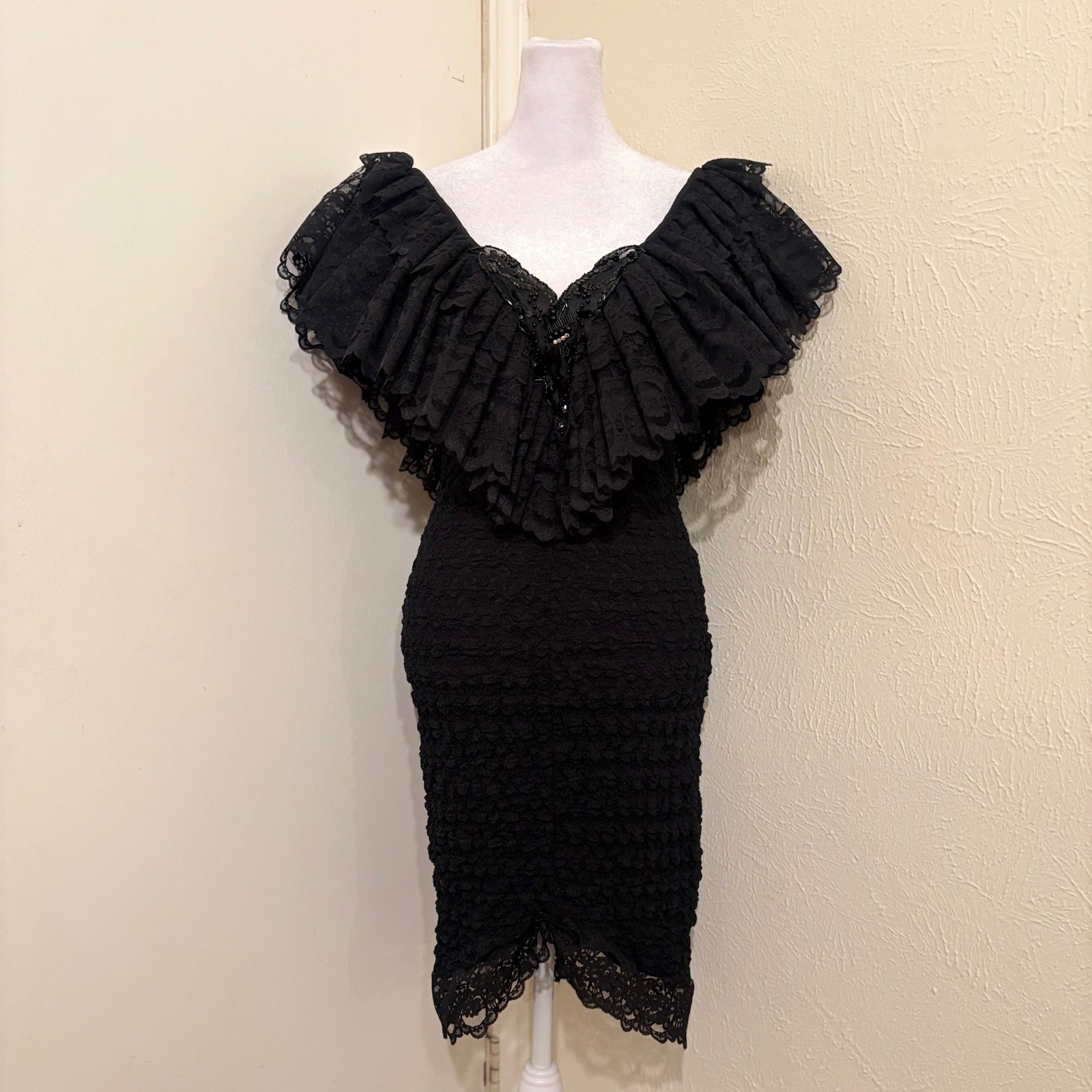 Vintage 80s Black Lace Ruffle Off Shoulder Beaded Bodycon Dress Whimsigoth Sz S