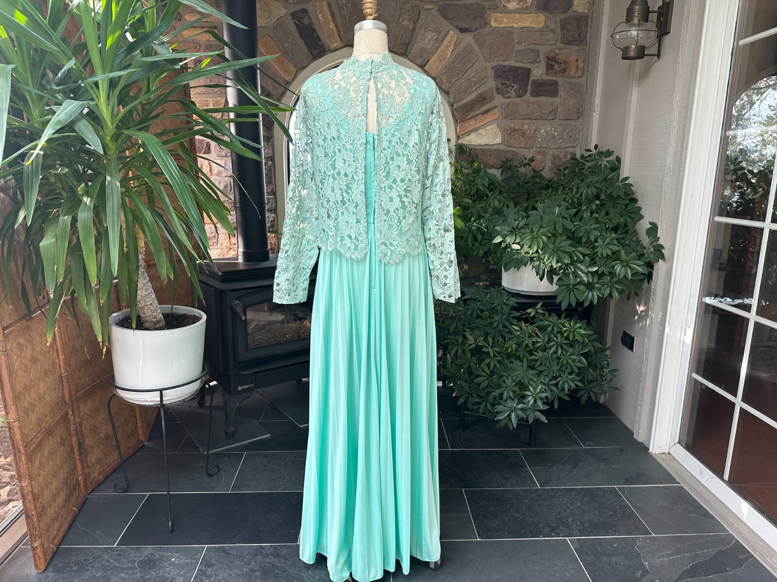 Vintage 1970s Goddess Mint Green Pleated Knit Evening Dress with Lace Jacket
