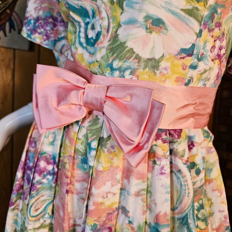 Vtg 80s Fever Dream Floral Romantic Garden Party Belted Bow Volup Tea Dress M/L