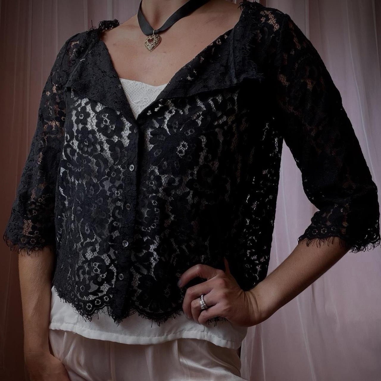 1950s handmade black lace sheer blouse