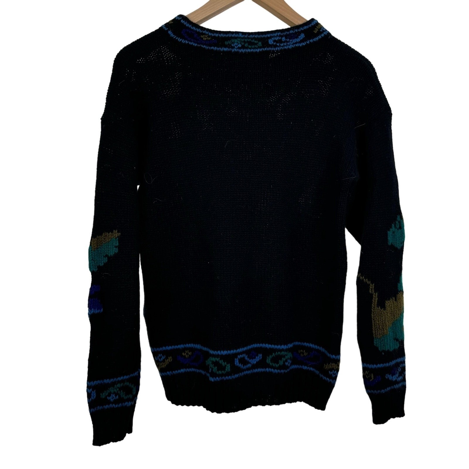 Cambridge Spirit Vintage Shetland Wool Floral Intarsia Sweater Black Small