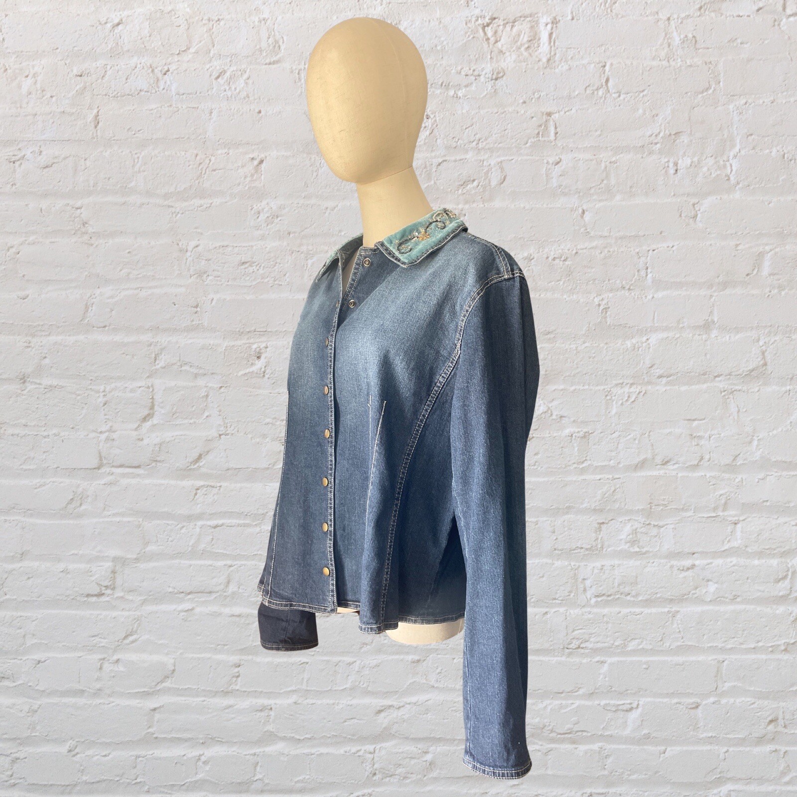 Vintage 90’s Y2K Denim Jacket With Valve Beaded Collar Boho Cottagecore Fairy