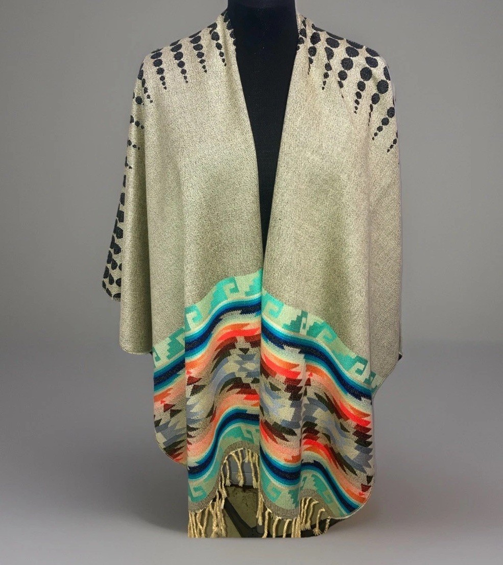 Custom “GALAPAGOS” Aztec Southwestern Wool Cape Poncho 36L X 50” Wide Reversible