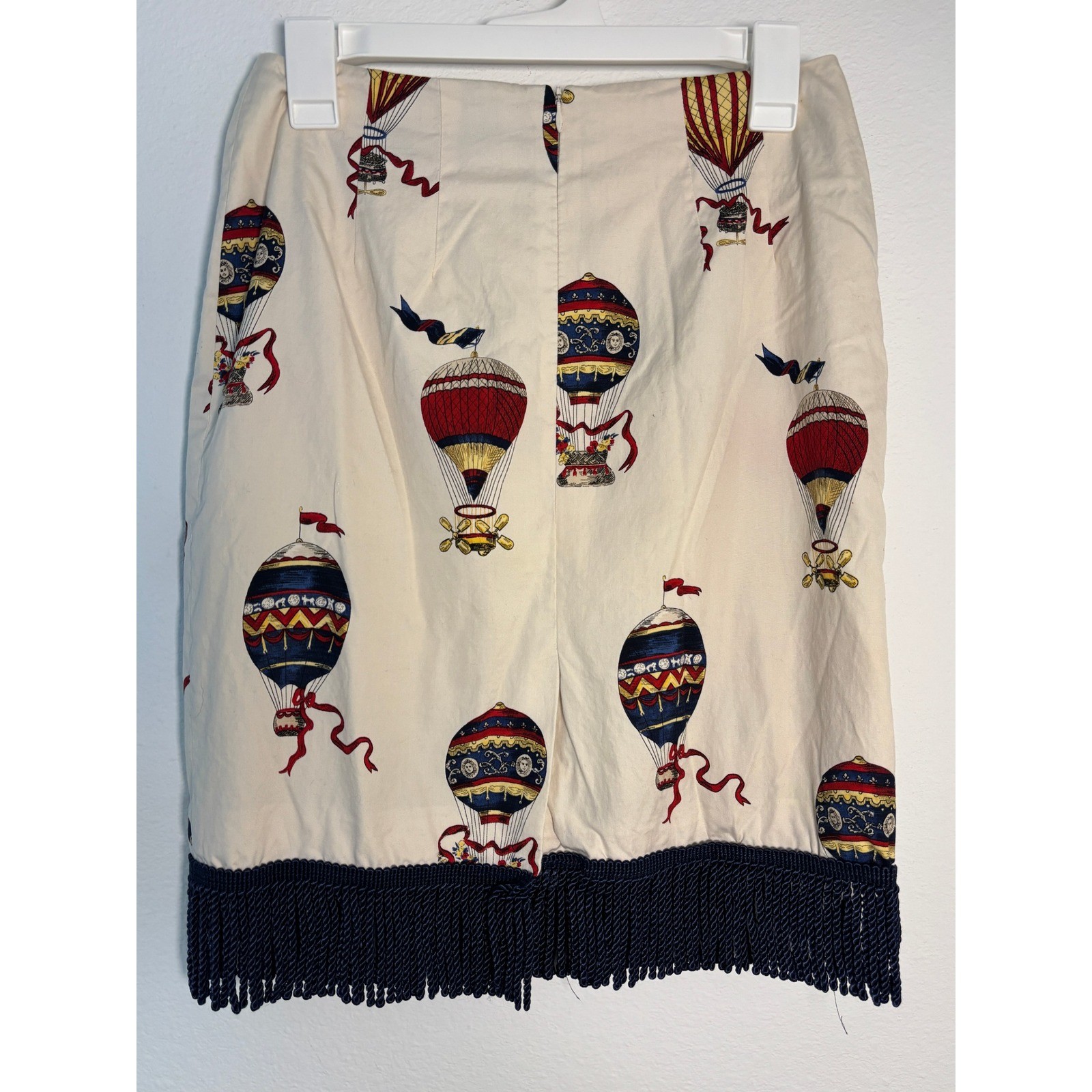 Talbots Petites Vintage Hot Air Balloon Print Fringe Pencil Skirt Cream Navy 6P