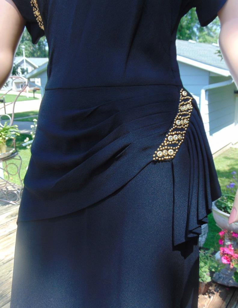 VTG 40s Ted Shore Design Black Crepe Draped & Studded Cocktail Dress 28W