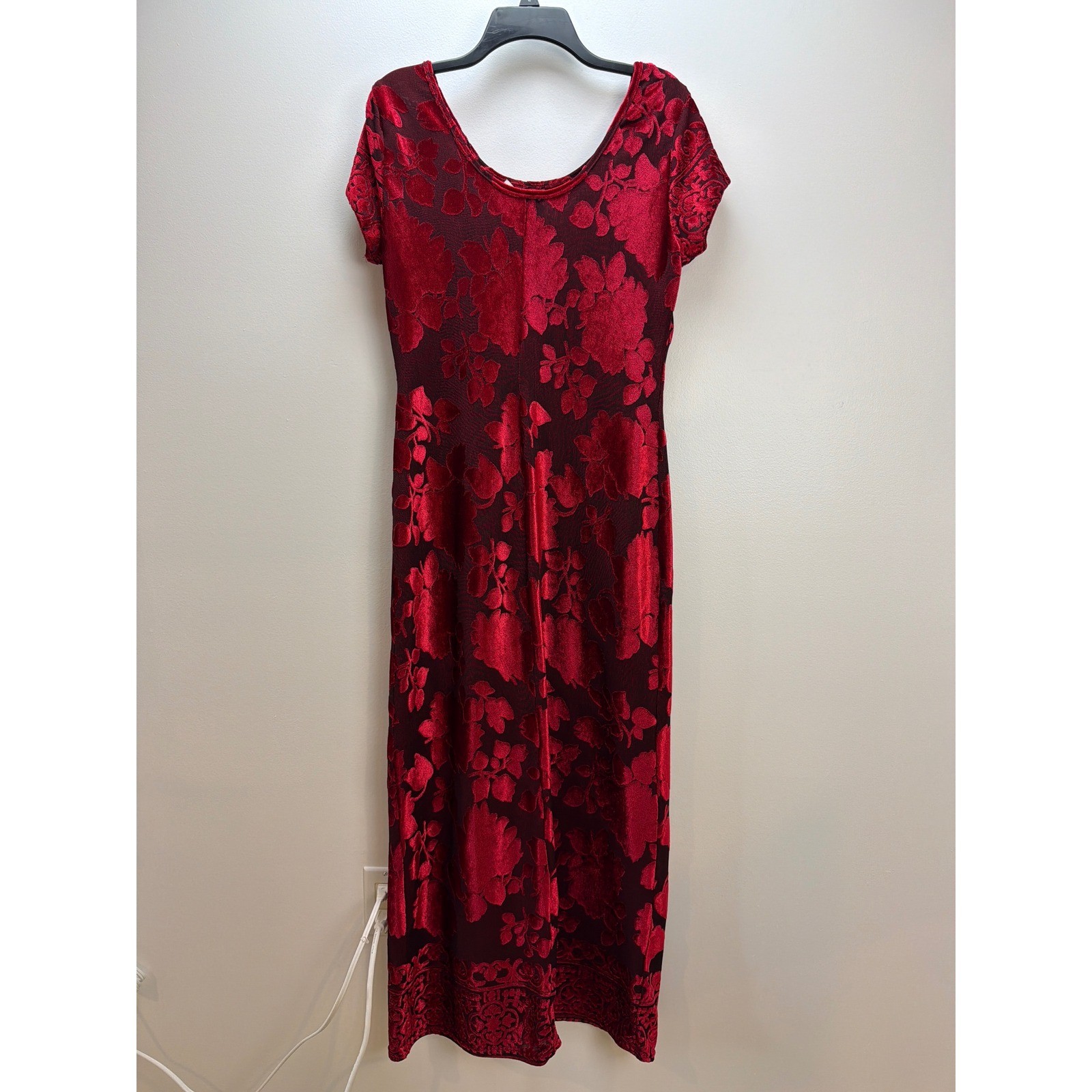 Vtg Caroline Wells Red Velvet Burnout Floral Maxi Dress Size 10 Romantic Glam