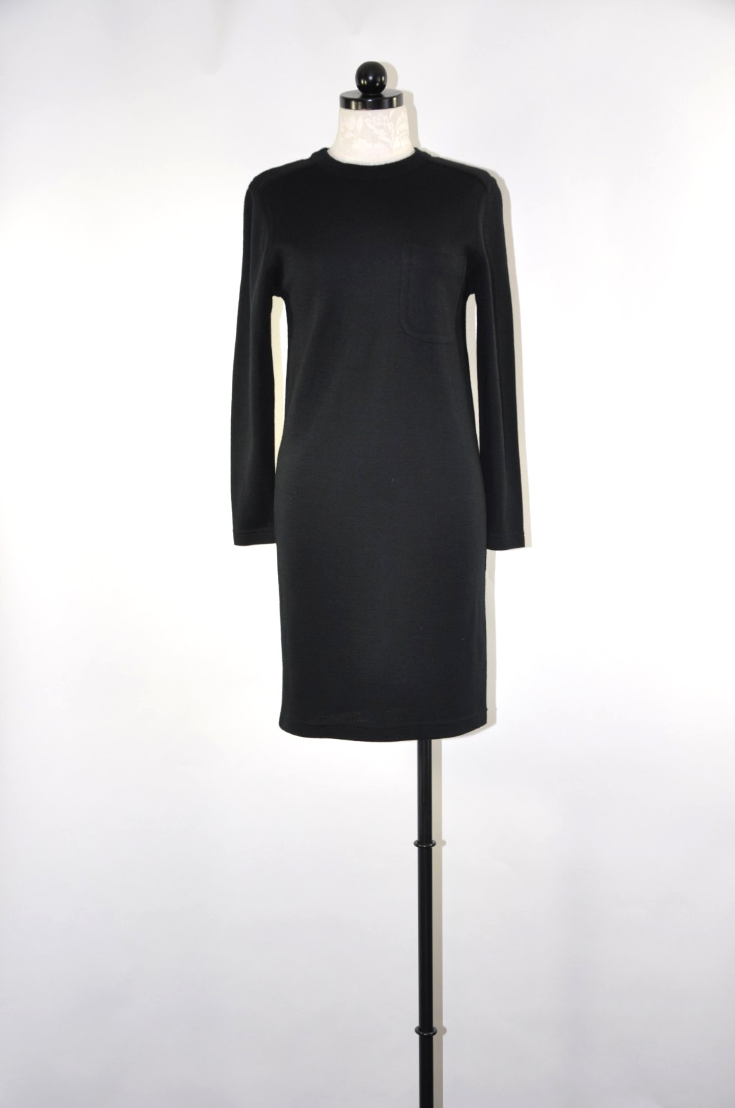 90s Vintage Black Wool Blend Minimalist Long Sleeve Knit Sweater Dress Women XS
