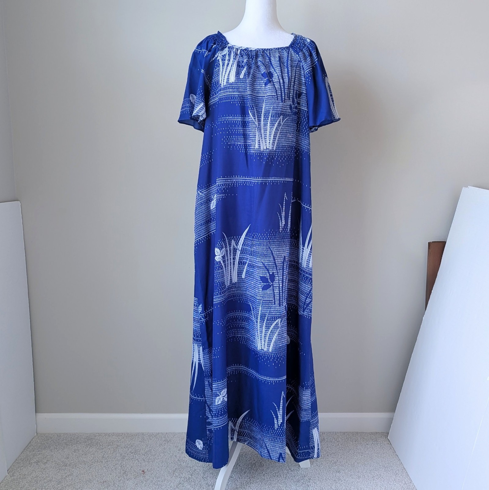 Vintage Tropicana Hawaii Blue Maxi Dress With White Botanical Print