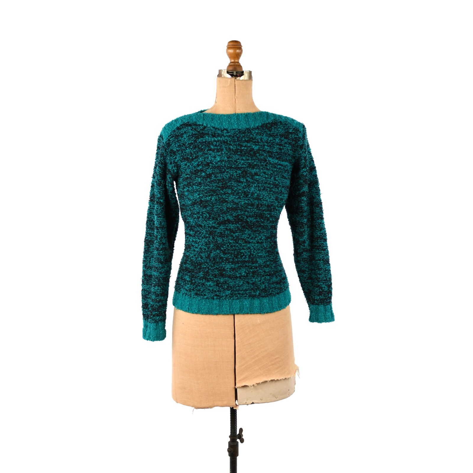 Vintage 80s Dark Teal + Black Boat Neck Long Sleeve Slub Knit New Wave Sweater S