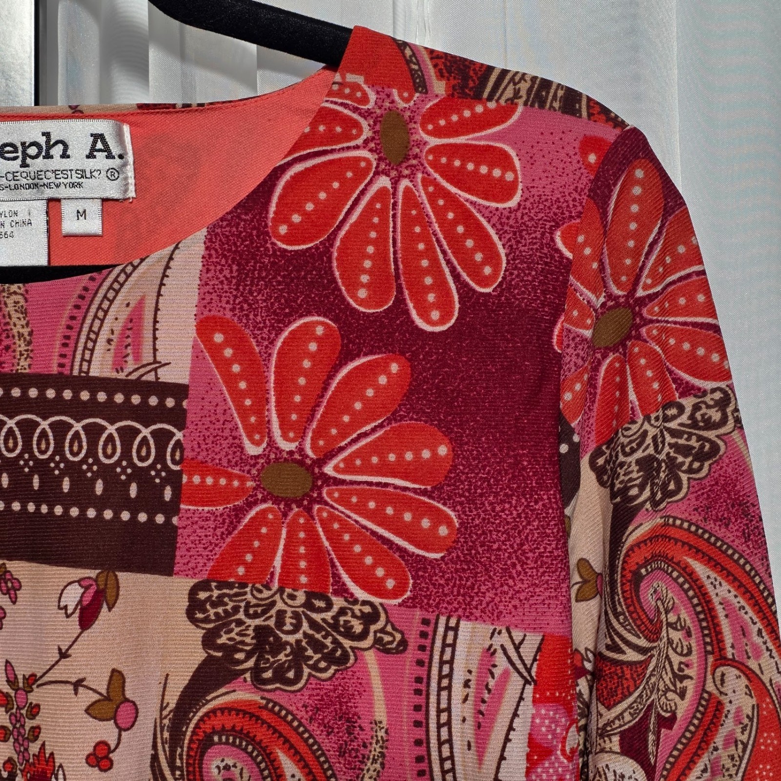 Vintage Joseph A. Y2K Patchwork Paisley Slinky Top Nylon Red Pink Medium