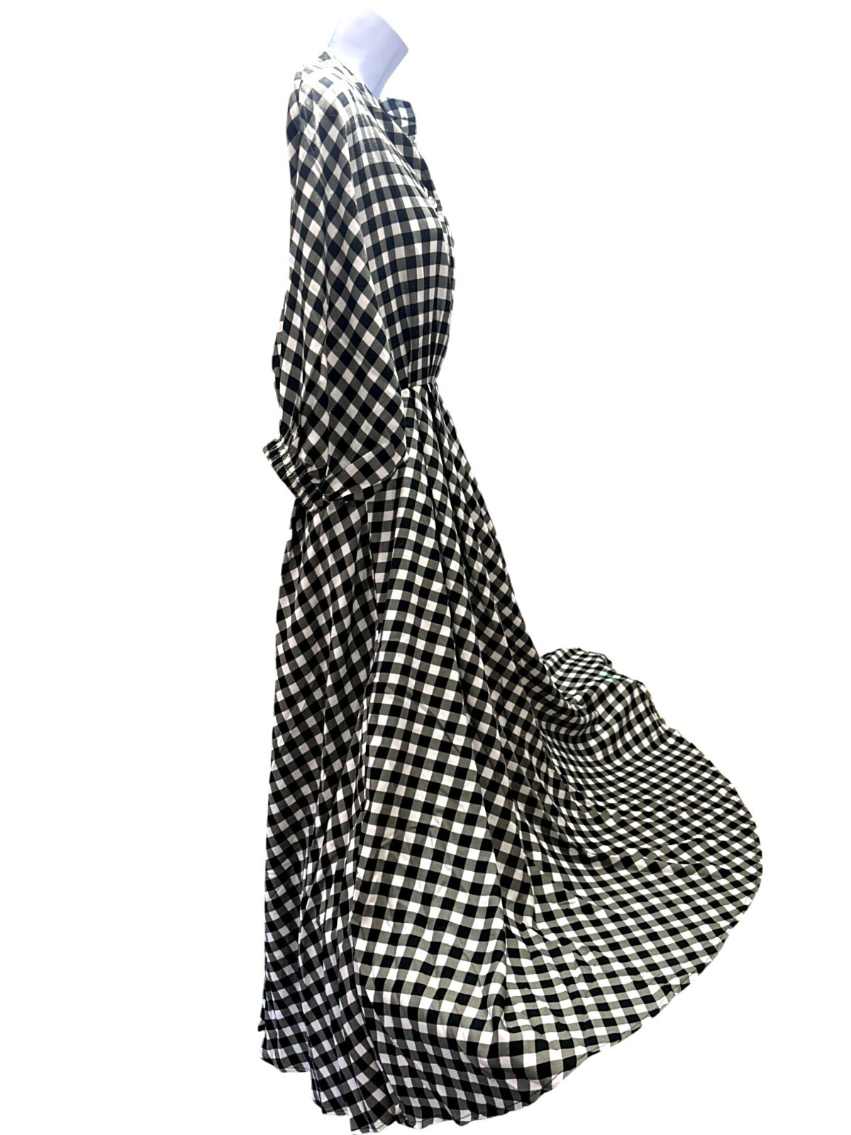 CCC Vintage Black White Gingham Checkered Midi Dress Button Front Elastic Cuffs
