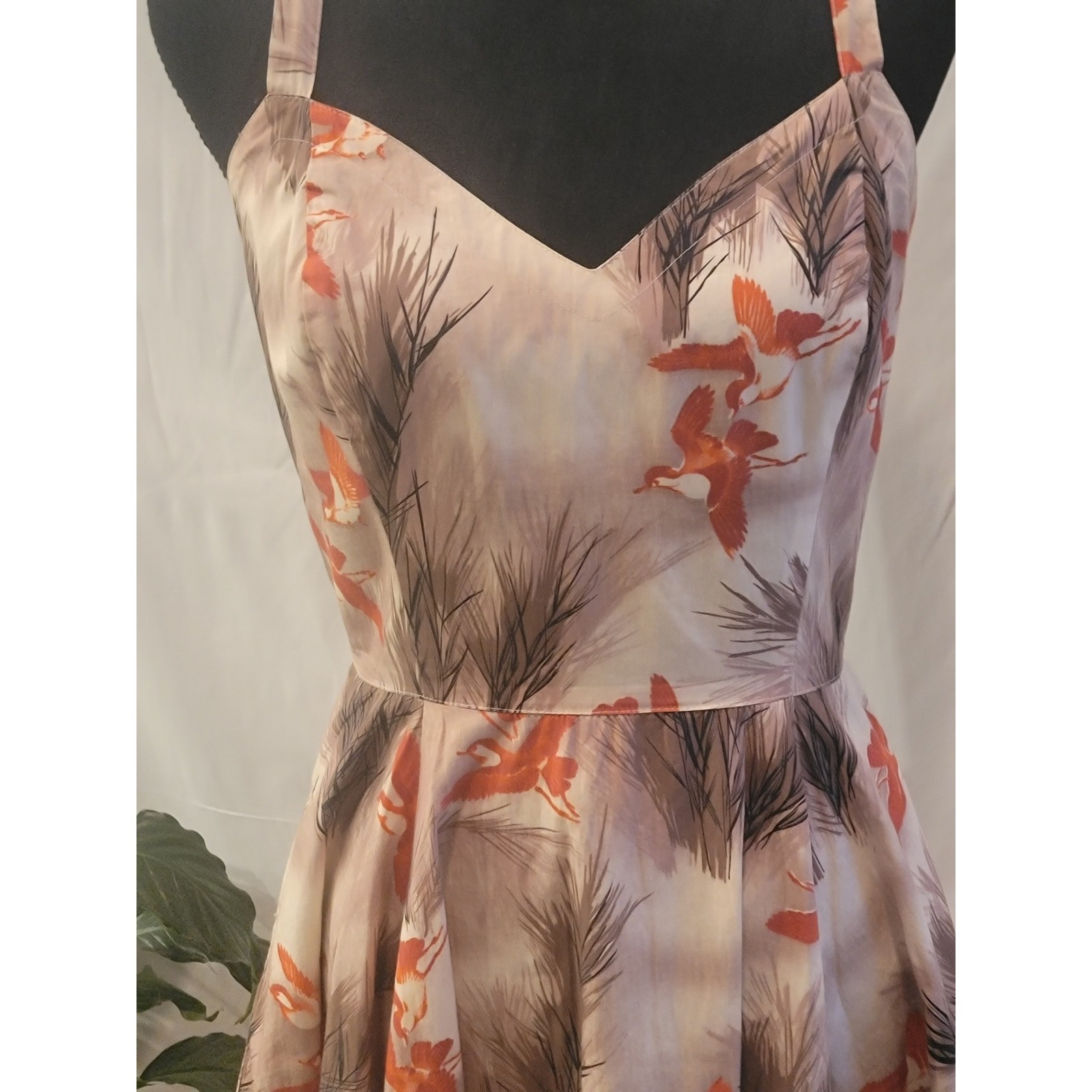 Bernie Dexter Bird Pine Print Cotton Fit Flare Dress Cream Orange Rockabilly M