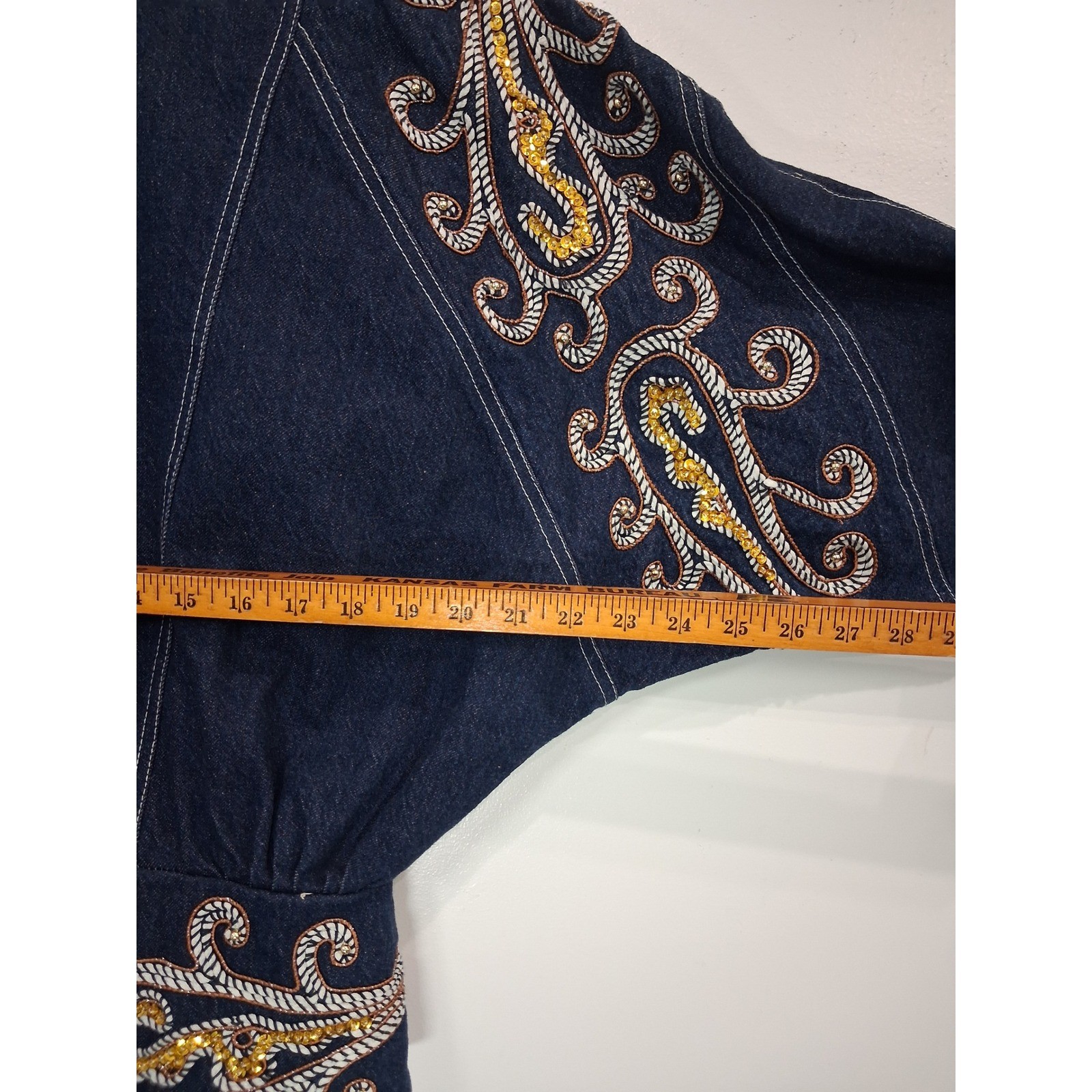 Vintage 80s Denim Moto Jacket Soutache Sequin Paisley Batwing Dark Wash Blue