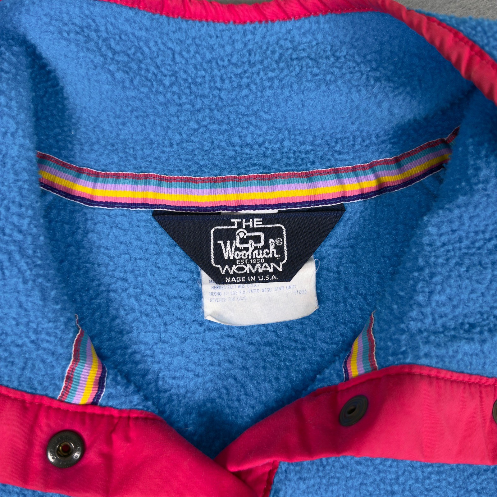 Vintage 90s Woolrich Summit Gear Fleece Snap Pullover Blue Pink Womens M USA