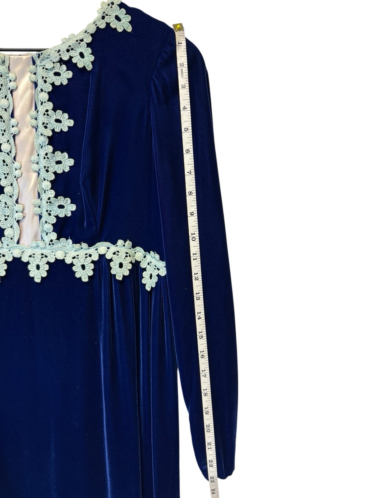 Vintage 70s Victorian Prairie Revival Sapphire Blue Velvet Long Sleeve Maxi 10