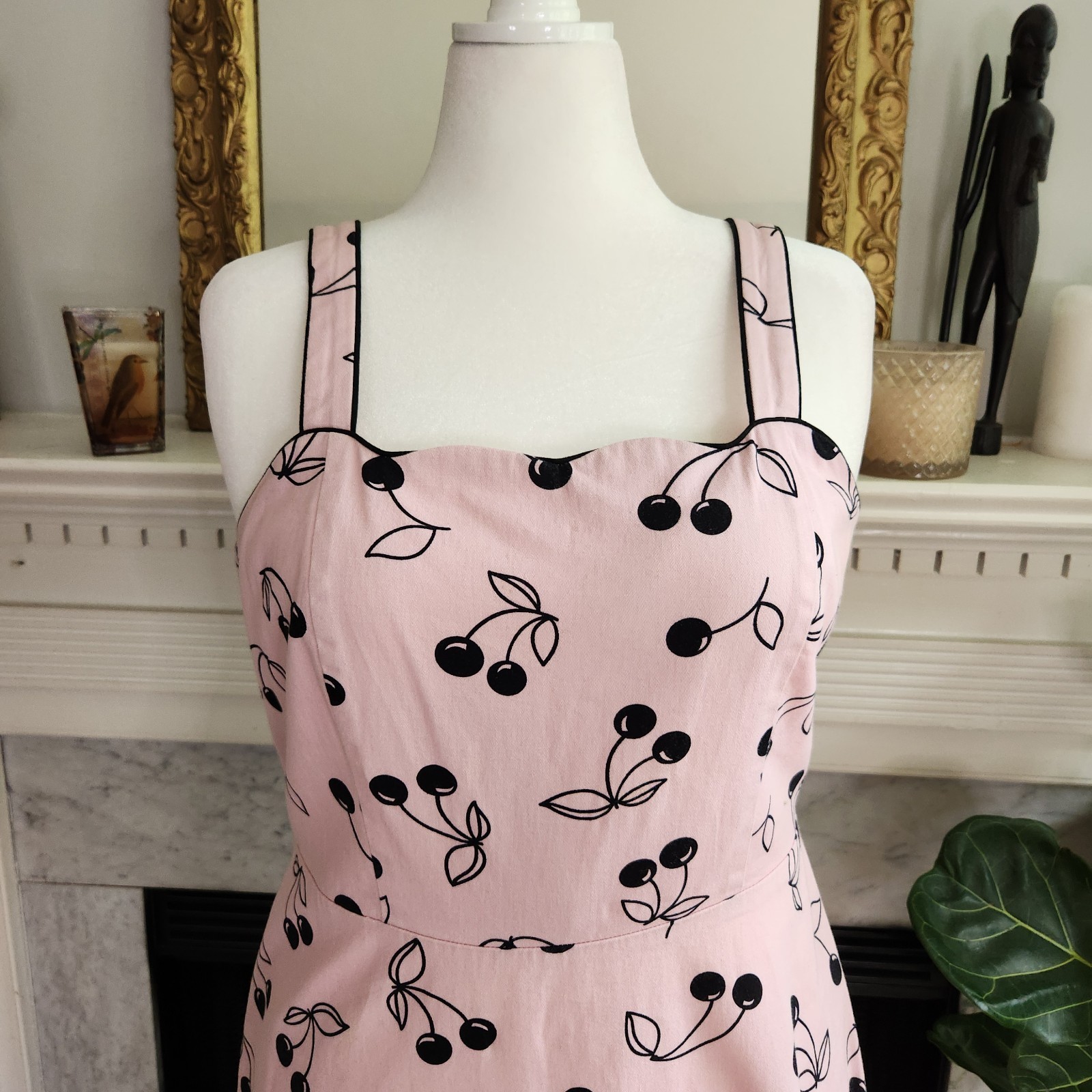Vintage 90s Pink Cherry Print Dress Sz 12 Black Rockabilly Pinup Twee Retro